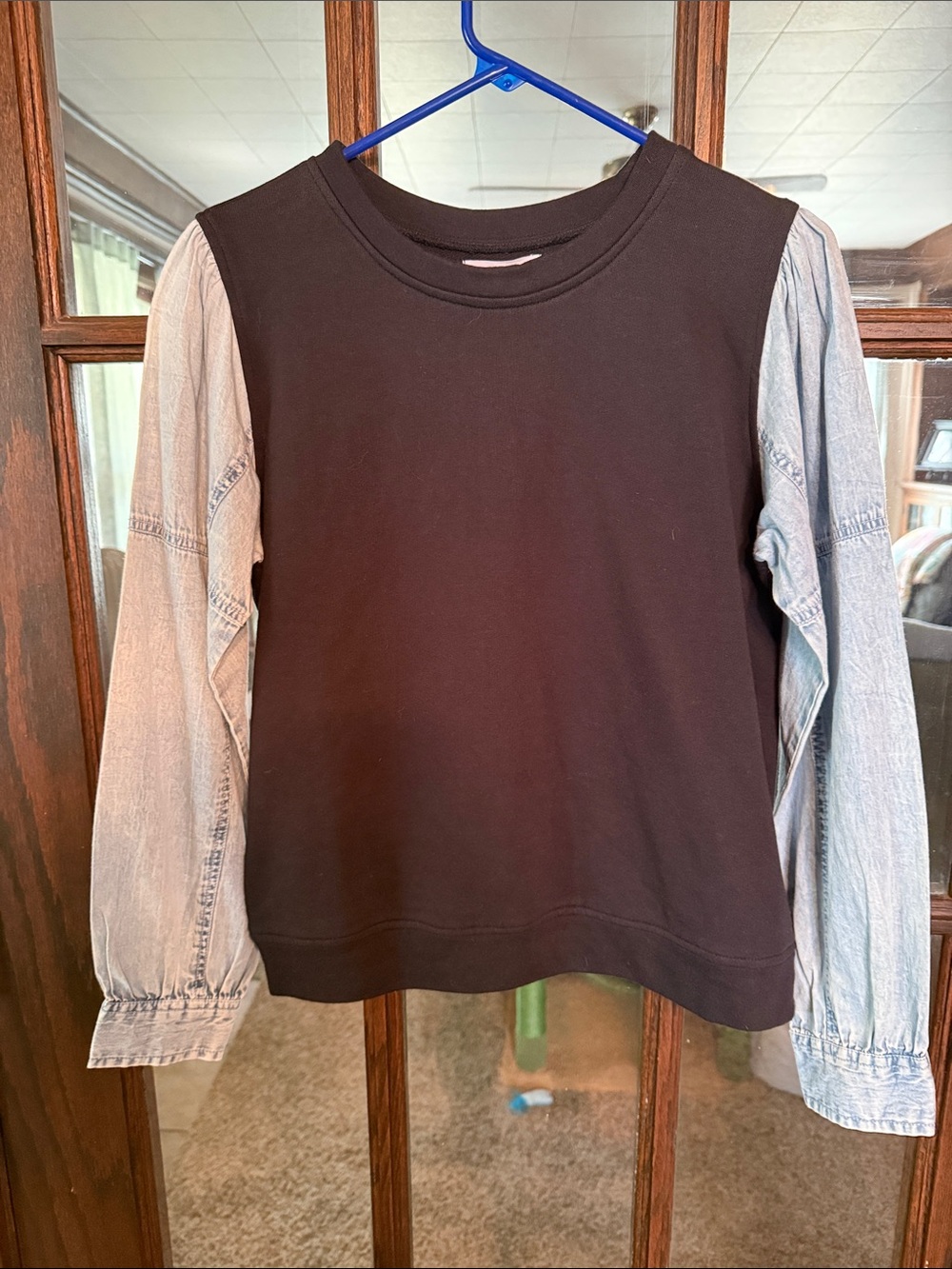 THML Womens Mixed Media Denim Puff Sleeve Sweatshirt Brown Small NEW